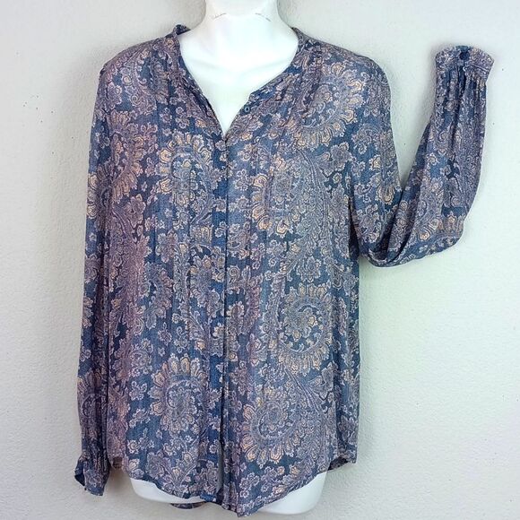 Lucky Brand Women Blue Paisly Print Long Sleeve Button Down Shirt Sz S - Picture 1 of 10
